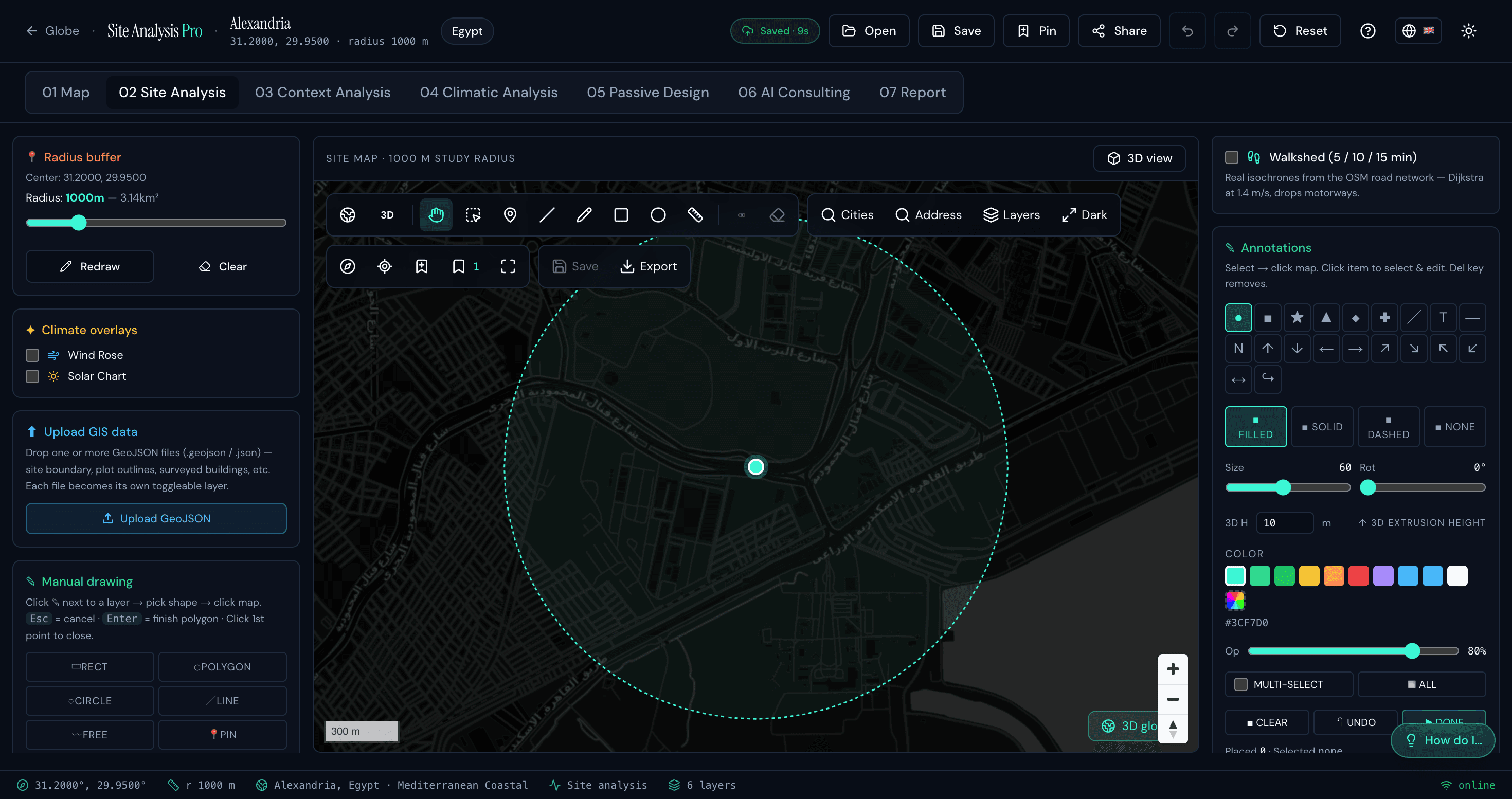 Site Analysis Pro — Site Analysis tab with radius buffer, climate overlays, and annotations